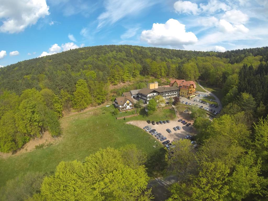 an aerial view of a house on a hill with trees at Wald-Hotel Heppe in Dammbach