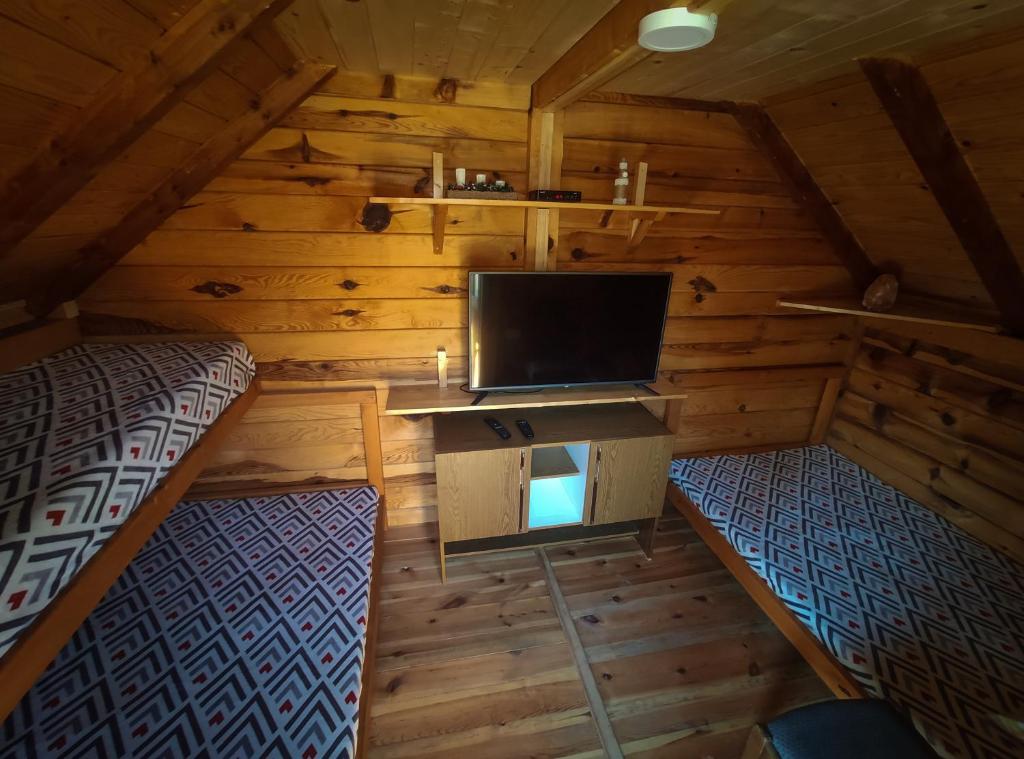 a room with two beds and a tv in a cabin at Brvnara Krin 2 in Nova Varoš