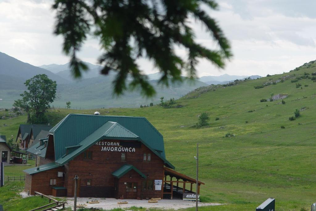 a barn with a green roof in a field at B&B Javorovača in Žabljak