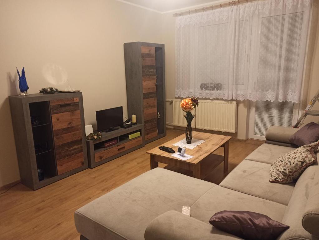 - un salon avec un canapé et une table dans l'établissement Apartmán Tatranská Lomnica, à Tatranská Lomnica