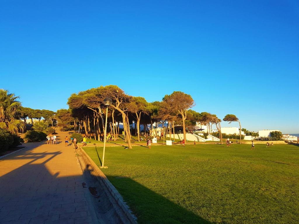 park z drzewami i ludźmi chodzącymi po chodniku w obiekcie LOFT - GARAJE - TERRAZA PRIVADA Junto al Parque y Playa w mieście Conil de la Frontera