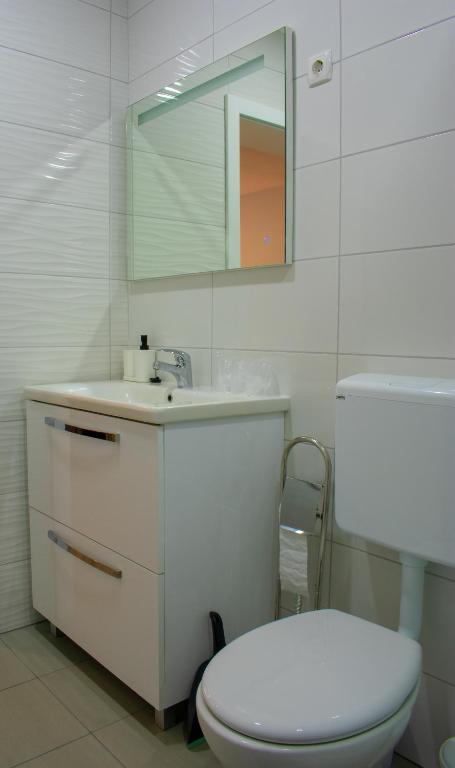 ein Badezimmer mit einem WC, einem Waschbecken und einem Spiegel in der Unterkunft Apartman i studio apartman Vitana in Garešnica