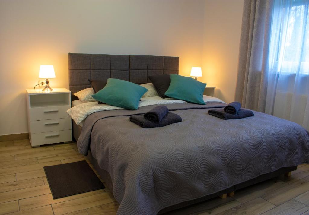 ein Schlafzimmer mit einem großen Bett mit zwei grünen Kissen in der Unterkunft Apartman i studio apartman Vitana in Garešnica