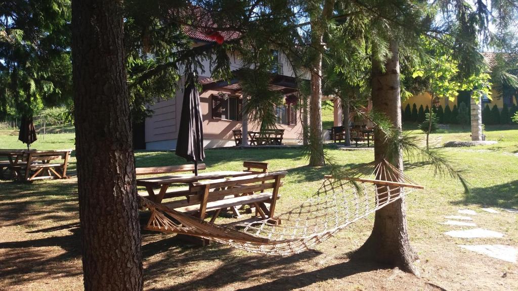 eine Hängematte zwischen zwei Bäumen in einem Park in der Unterkunft Vila Davidovic-Fruska gora in Manđelos