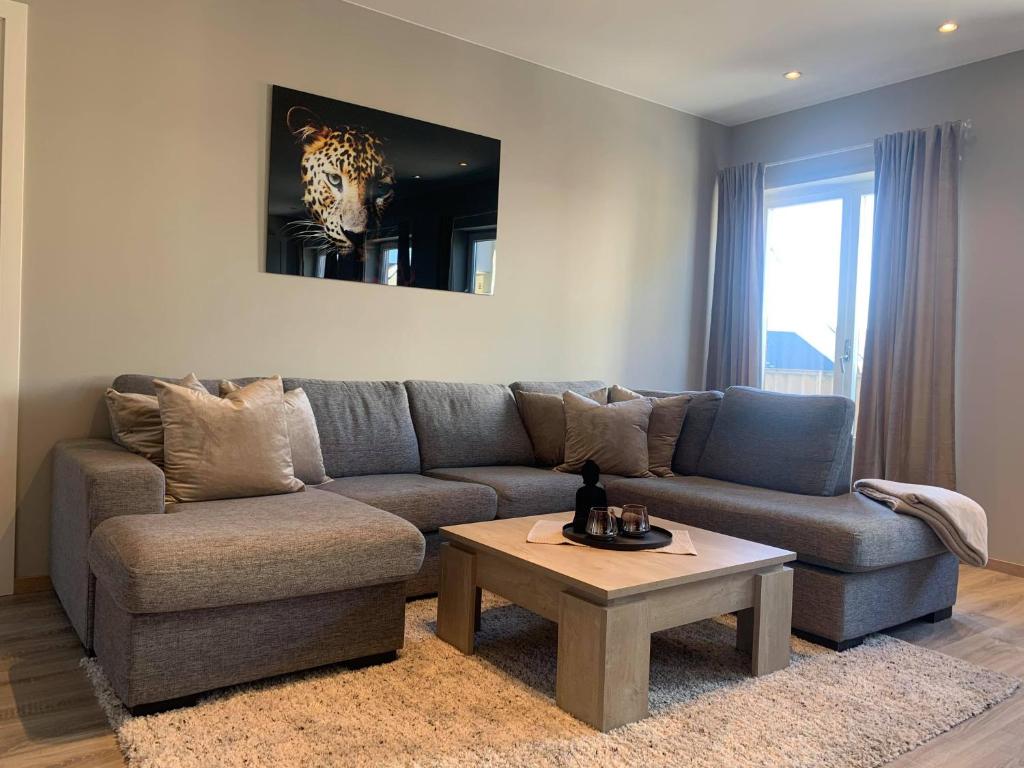 a living room with a couch and a table at Notodden Sentrum Apartment NO 6 in Notodden