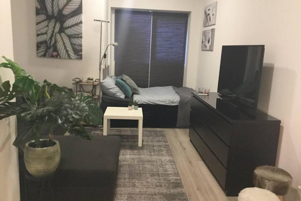 een woonkamer met een bank en een flatscreen-tv bij Studio E in Purmerend