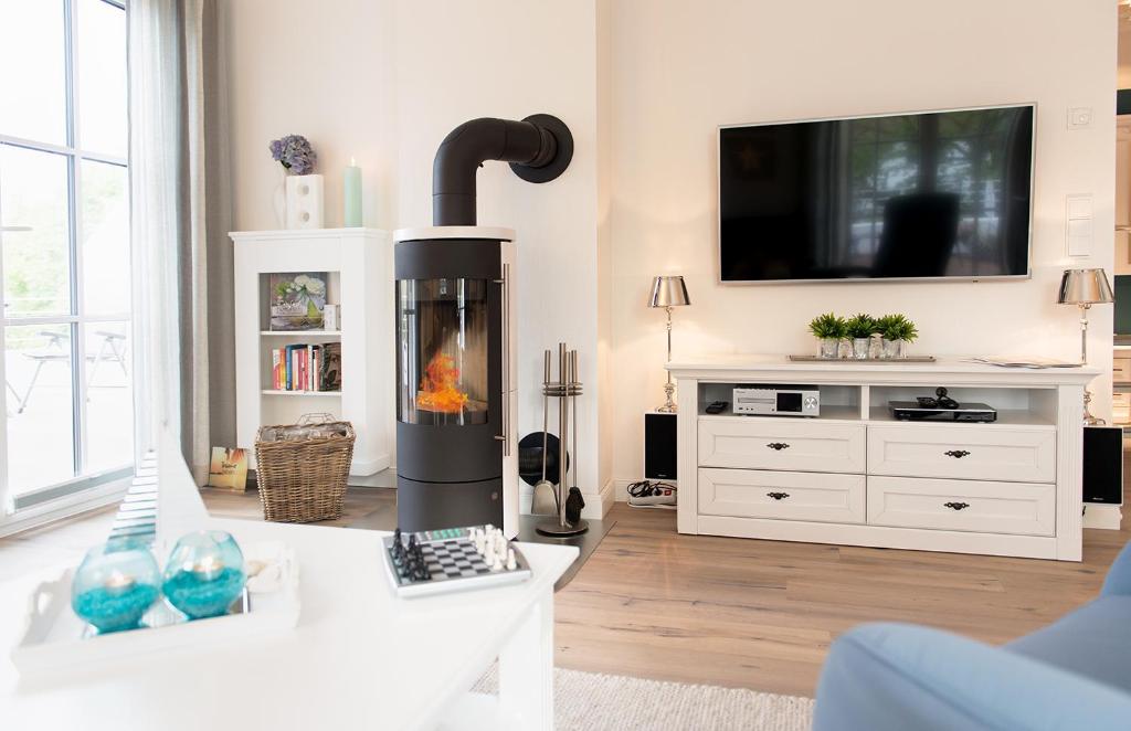 a living room with a fireplace and a tv at Viktoria Luna _Meeresbrise_ Whg 9 in Zingst