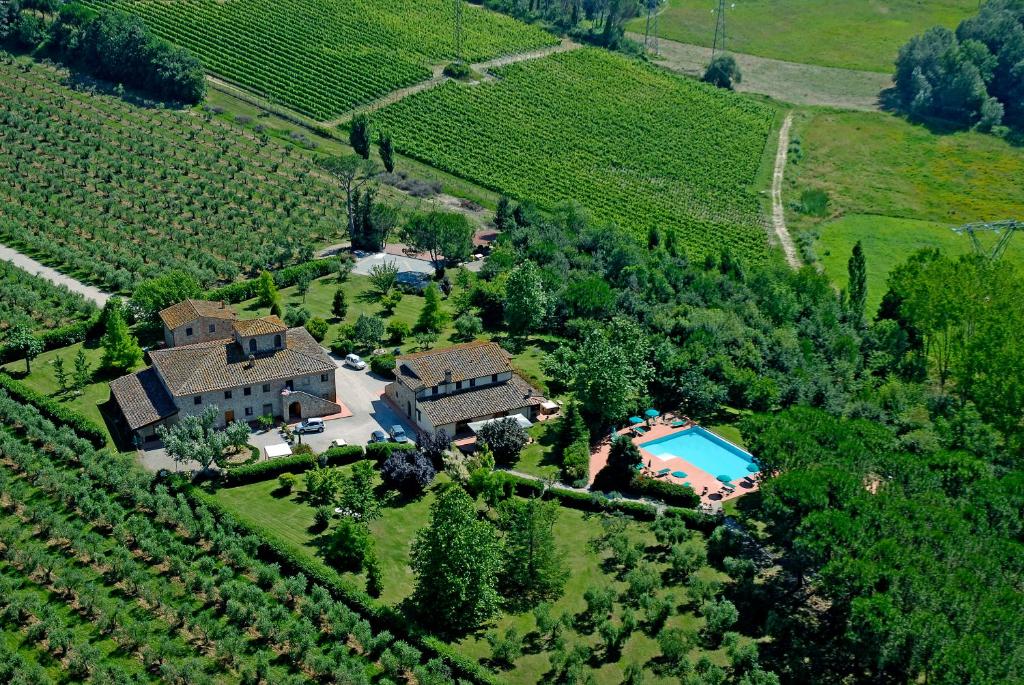 Terricciola的住宿－塞維諾Il號農家樂，葡萄园内房屋的空中景观