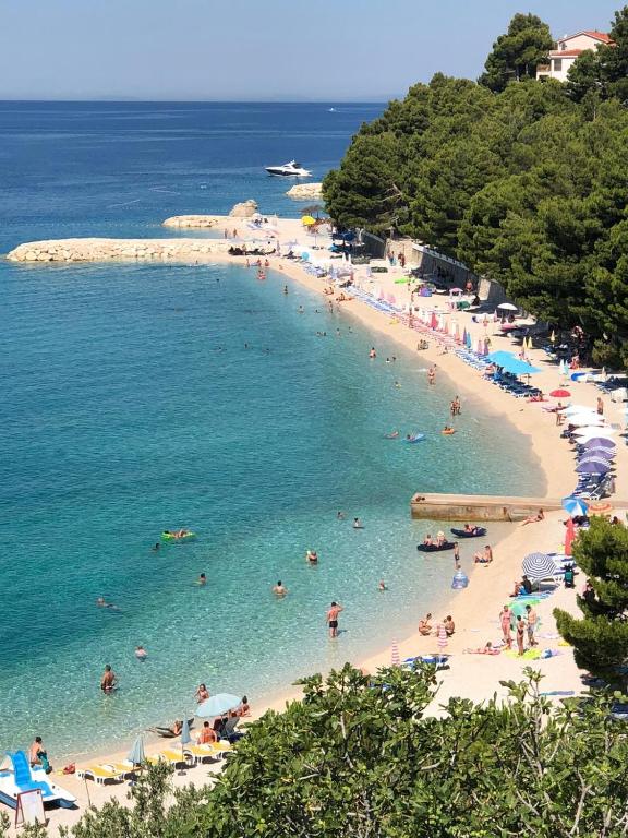 a beach with a bunch of people in the water at Villa Gradina in Baška Voda