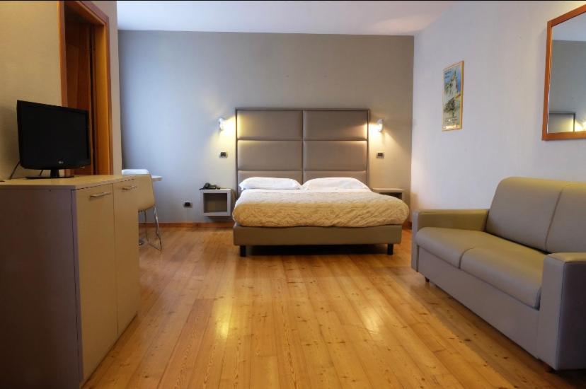 サヴィニャーノ・スル・ルビコーネにあるHotel Rubiconeのベッドルーム(ベッド1台、ソファ、テレビ付)