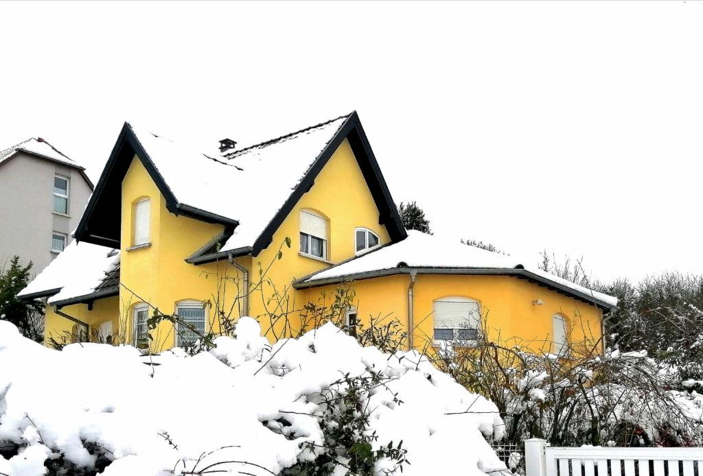 una casa amarilla cubierta de nieve en Studio Bar sur Mulhouse Sud, en Illfurth