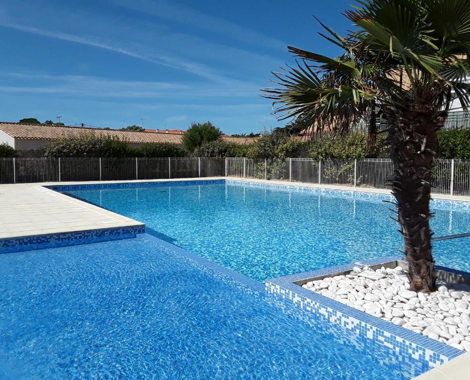 - une piscine avec un palmier dans la cour dans l'établissement LA PAREE D'EAU 513 appartement 2 chambres avec piscine, à Notre-Dame-de-Monts