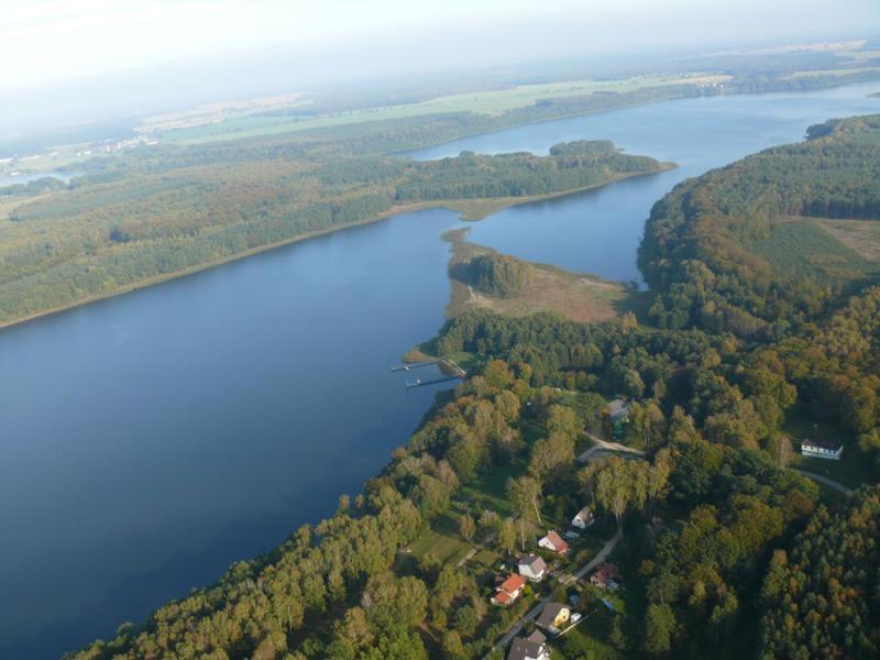 an aerial view of a large river with trees at Słonik in Stegers