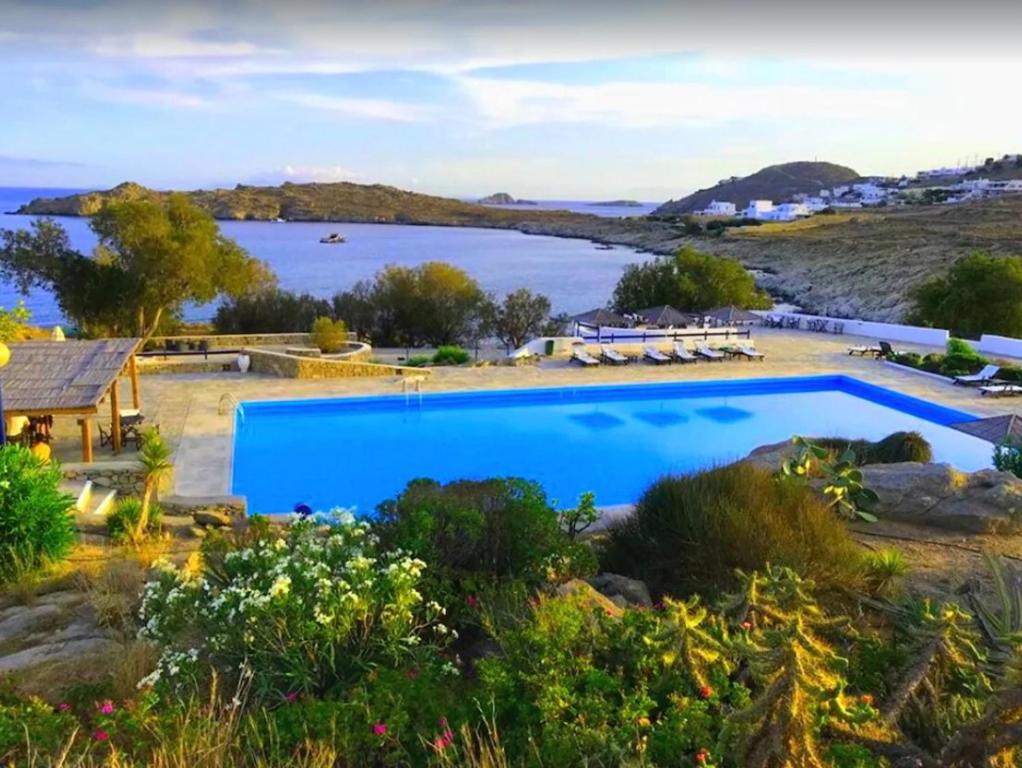 a large swimming pool with a view of a body of water at Apollon House on the Sea in Mikonos