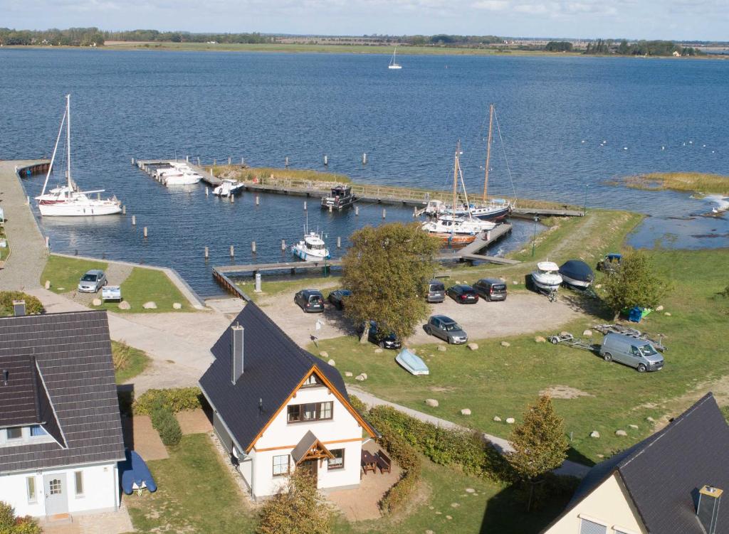 an aerial view of a marina with boats in the water at Ferienhaus Seeschwalbe in Vieregge