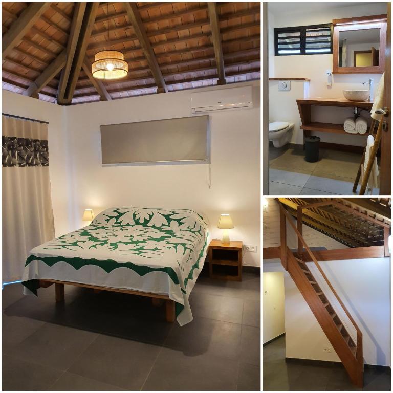three images of a bedroom with a bed and a bathroom at Moorea Lodge in Temae