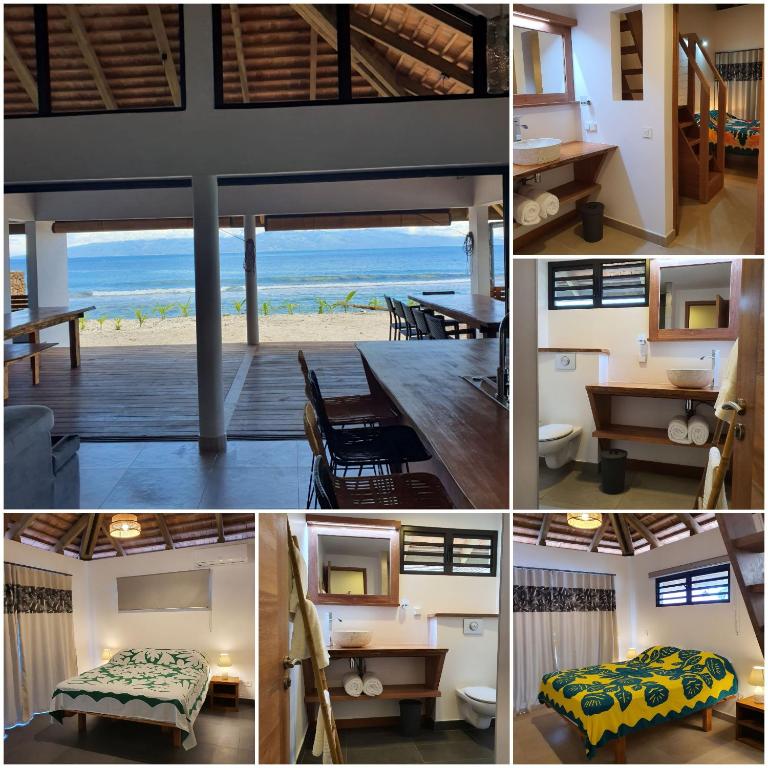 a collage of photos of a beach house at Moorea Lodge in Temae