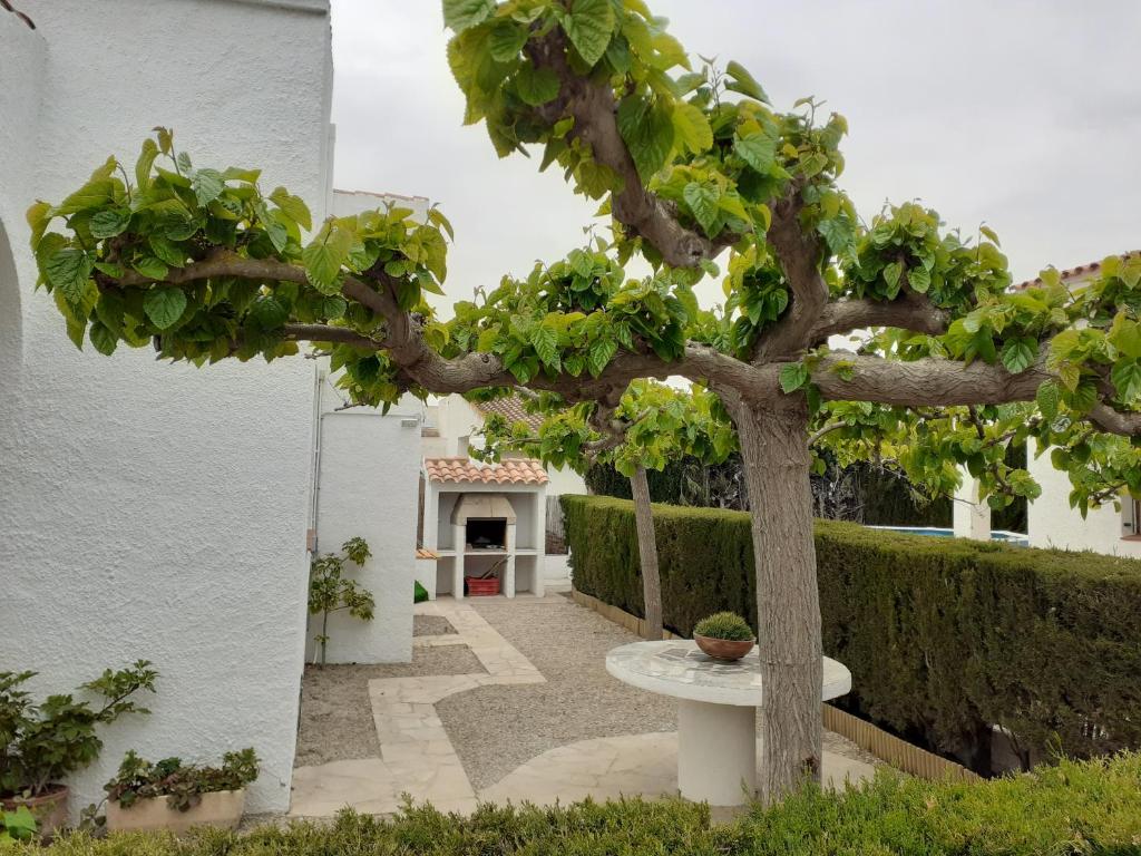 un árbol en un jardín con una mesa y un edificio en Villa Mendoza, en Riumar