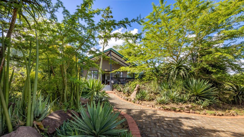 a home with a pathway leading to a house at Zulu Nyala Heritage Safari Lodge in Hluhluwe