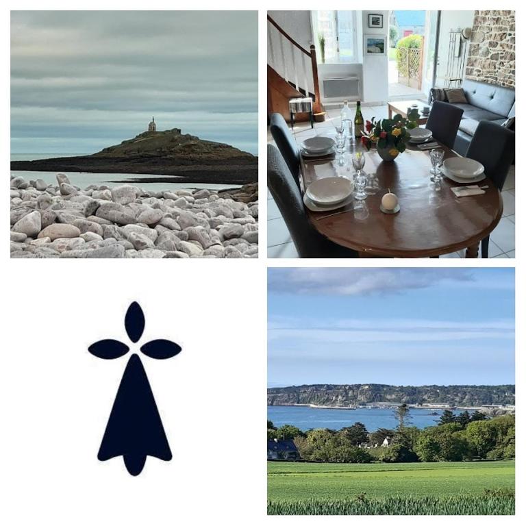 un collage de photos avec une table et une vue sur une colline dans l'établissement Maison Le Chatelet, à Erquy