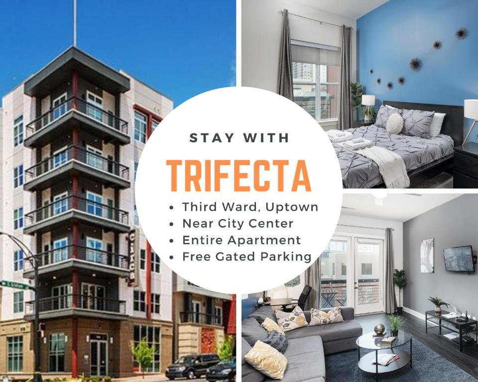 un collage de photos d'une chambre d'hôtel avec un appartement sorcier d'hôtel dans l'établissement Trifecta Luxury Serviced Apartment in Uptown CLT, à Charlotte