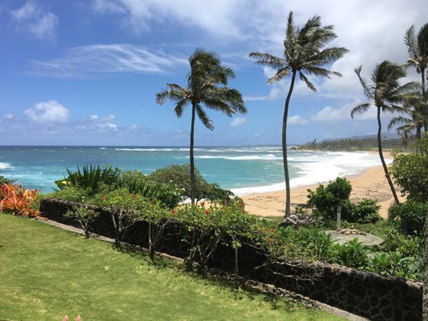 vistas a una playa con palmeras y al océano en Wailua Bay View Resort en Kapaa