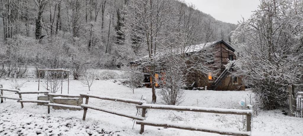 een sneeuwbedekte tuin met een houten huis en een hek bij Couettes et Picotin in Durbuy