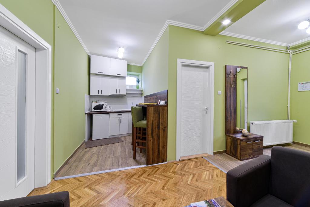 ein Wohnzimmer mit grünen Wänden und eine Küche in der Unterkunft DuMalux corner in Subotica