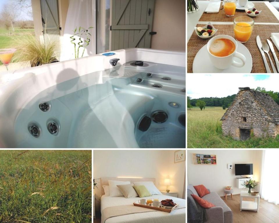a collage of pictures of a jacuzzi tub in a field at Gîtes Les Nogalies SPA PRIVATIF in Valojoulx
