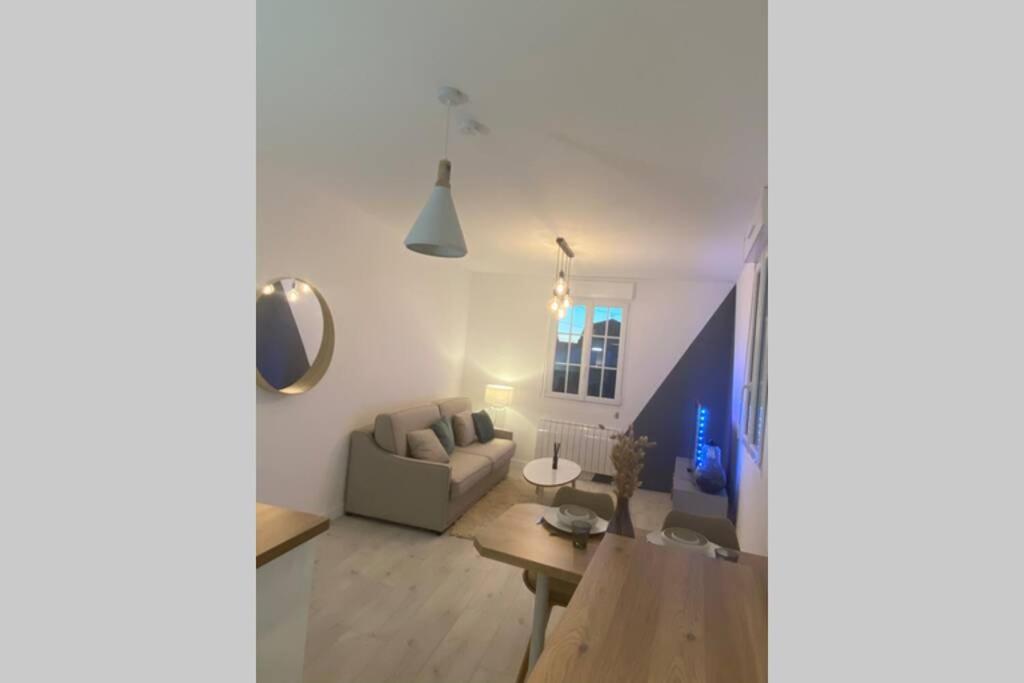 ein Wohnzimmer mit einem Sofa und einem Tisch in der Unterkunft Studio cosy refait à neuf,au calme 5 min du centre in Angers