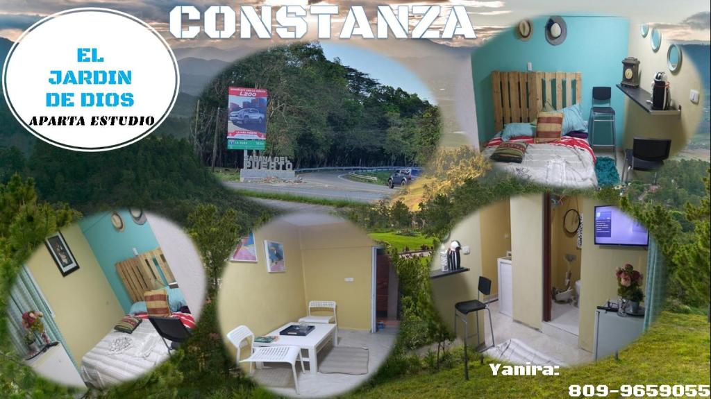 a collage of four pictures of a room with beds at El Jardín de Dios " Ortiz & Bueno " , OB in Constanza