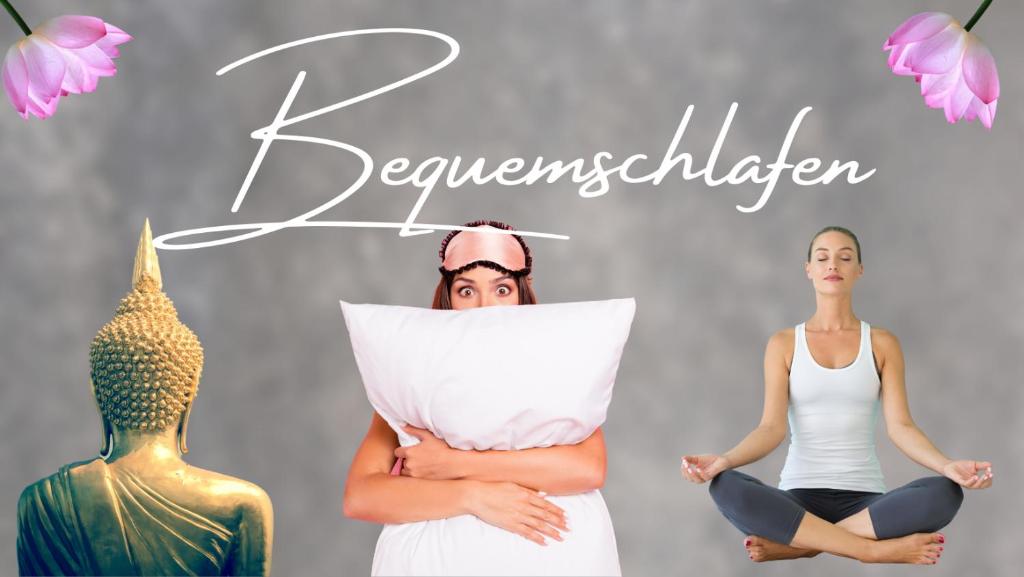 un hombre y una mujer sentados en una pose de yoga con una almohada en Bequemschlafen, en Heidenau