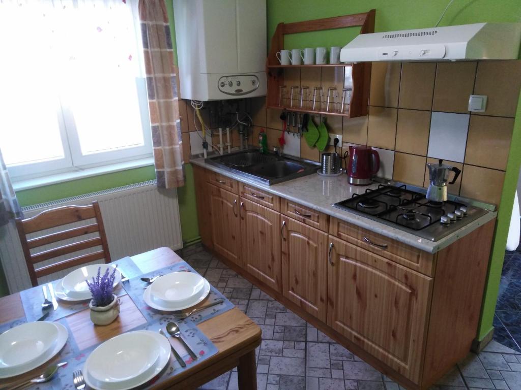 Kuchyň nebo kuchyňský kout v ubytování Arinza Apartman Vendégház