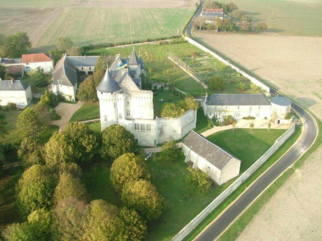 - une vue aérienne sur un vieux château arboré dans l'établissement Gîtes du Château de La Motte, à Usseau