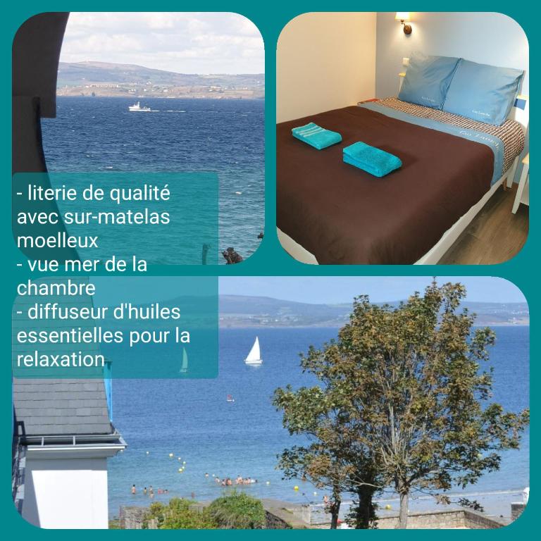 a collage of three pictures of a bed and the ocean at Le charmant des Sables Blancs in Douarnenez
