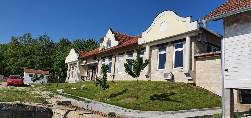 une maison avec une cour verdoyante devant elle dans l'établissement Apartmani Bojeresku Negotin, à Negotin