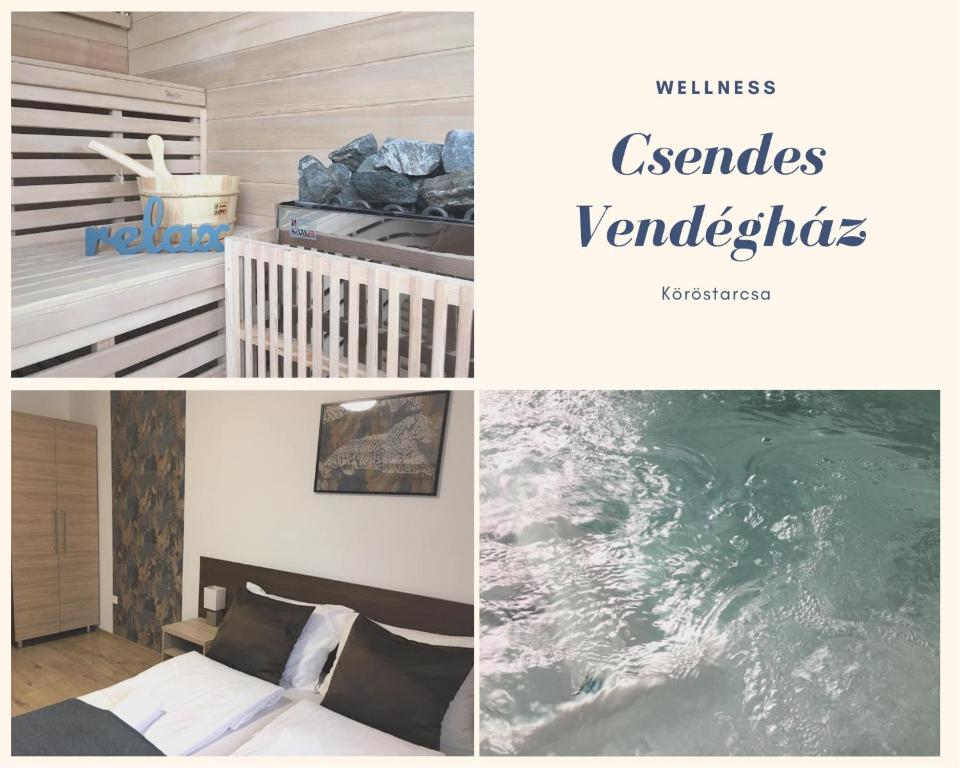 a collage of pictures of a room with a river at Csendes Vendégház in Köröstarcsa