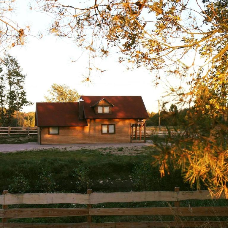 dom z czerwonym dachem na polu w obiekcie Domek Nad Stawem w mieście Kobylasz