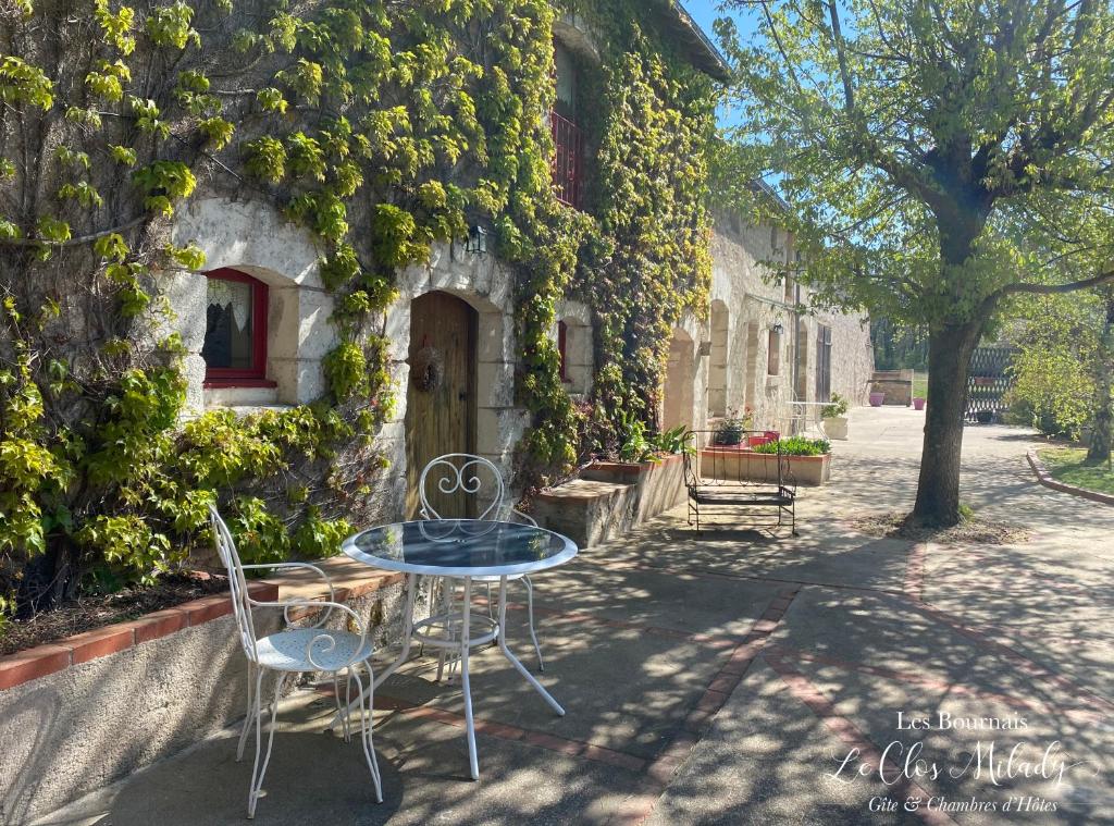 une table et des chaises devant un bâtiment dans l'établissement Chambres d'Hôtes Les Bournais - Le Clos Milady, à L'Ile-Bouchard