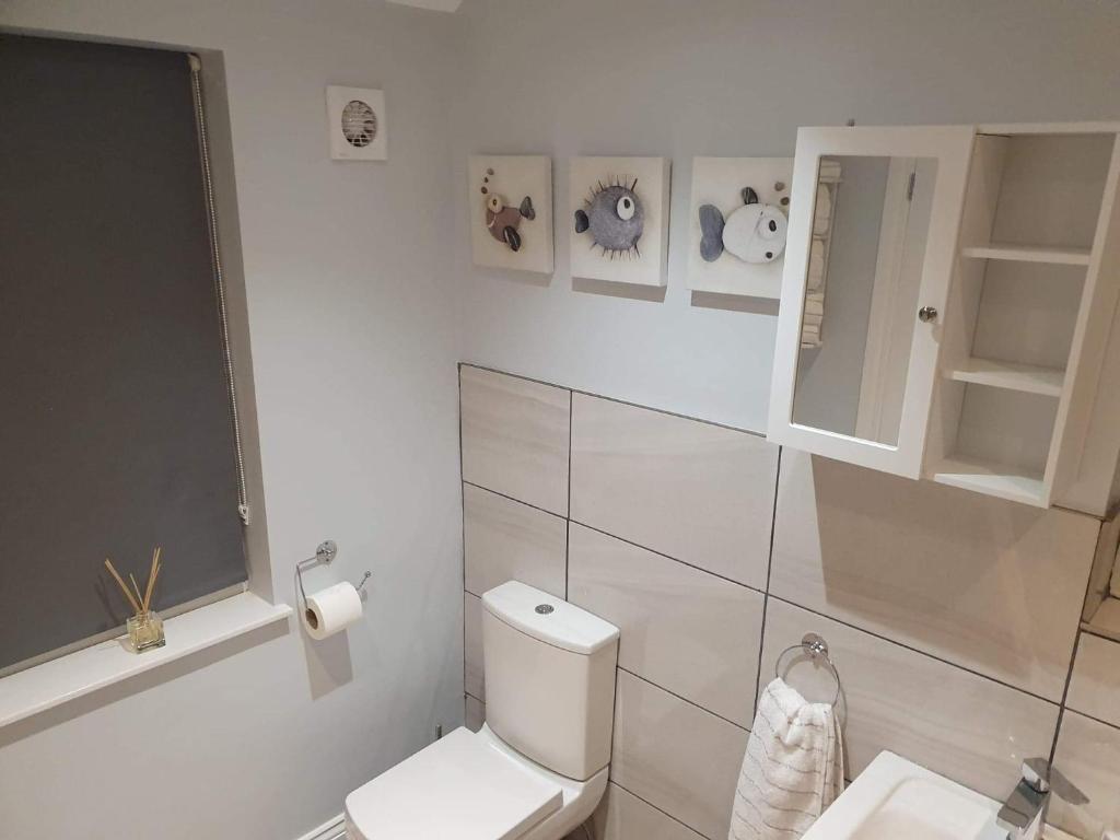 a white bathroom with a toilet and a sink at Seahouses cottage in Seahouses