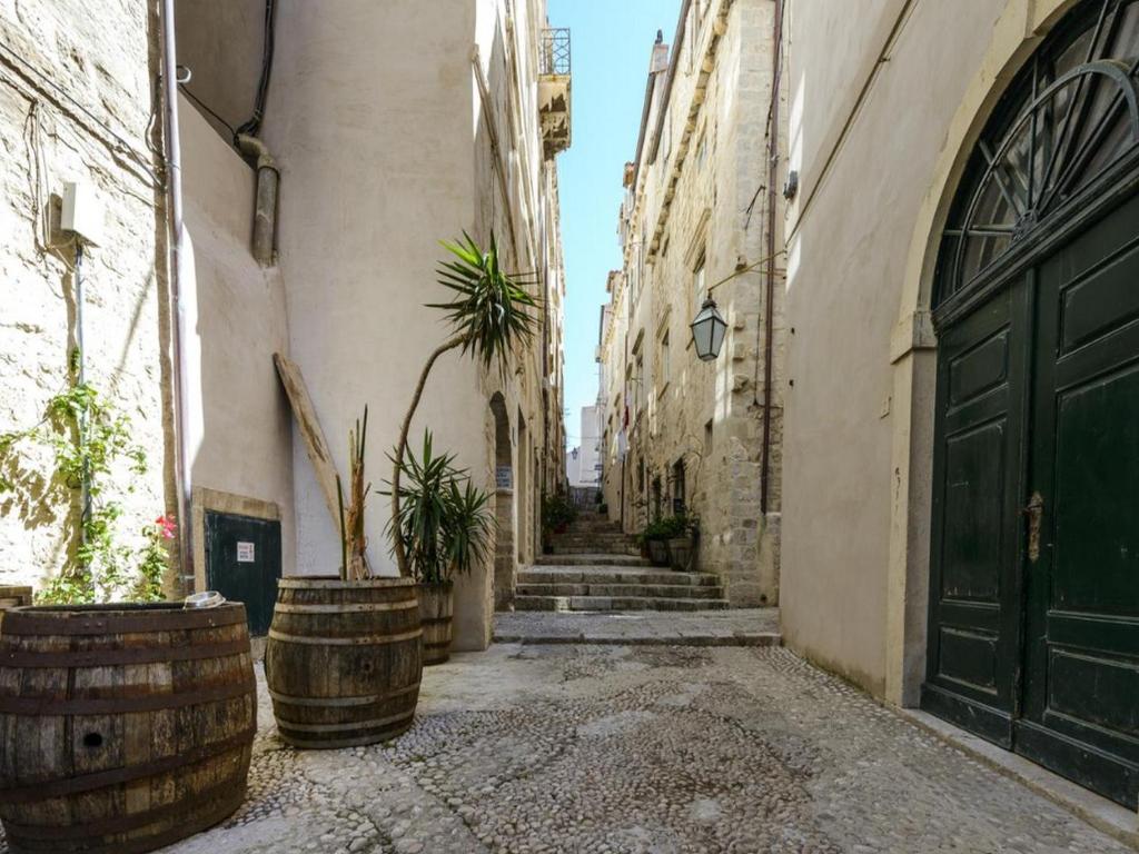 an alley in an old town with potted plants at Apartments Franka Old Town in Dubrovnik