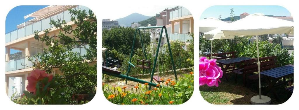 three pictures of a garden with flowers and a building at Apartmani Becici in Bečići