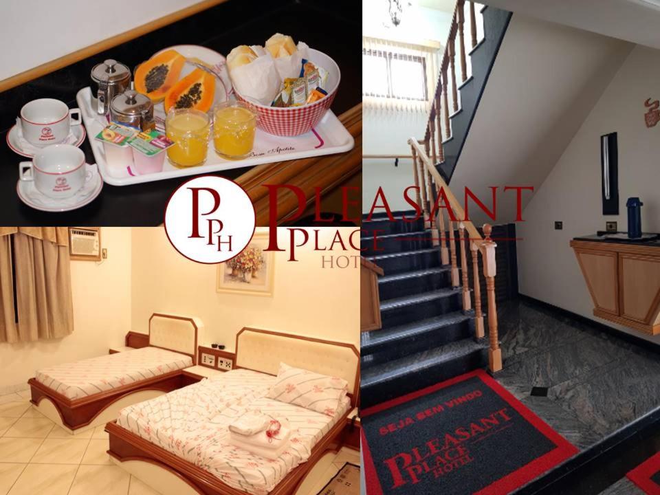 two pictures of a living room with a staircase and a room with a table at Pleasant Place Hotel in Sao Paulo