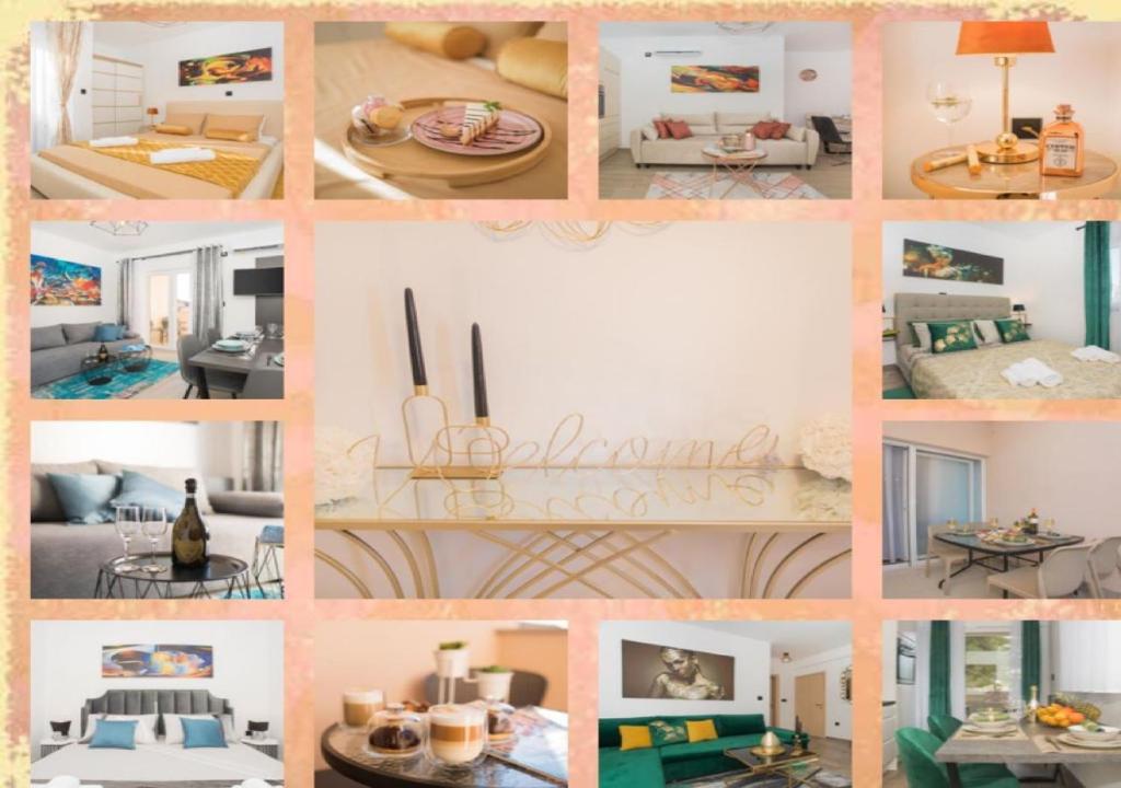 a collage of photos of a living room at Apartmani Rišpet in Šibenik