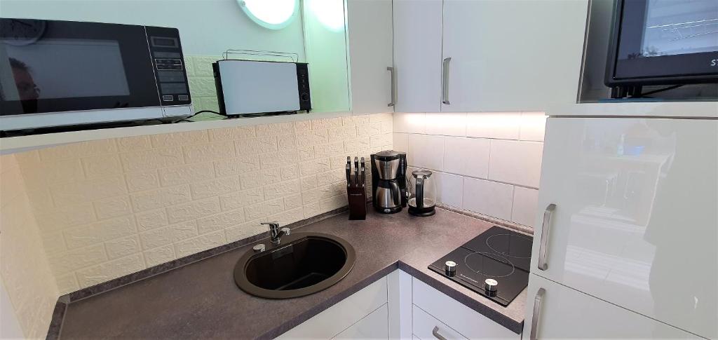 a kitchen with a sink and a microwave at Fewo Traum in Neppermin