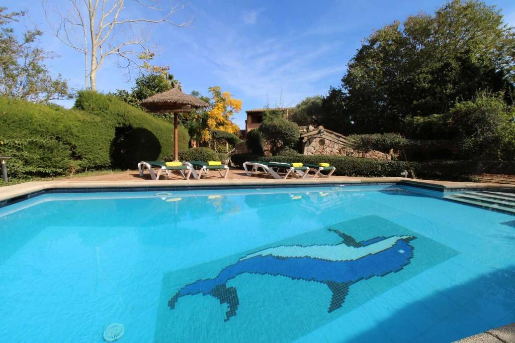 una piscina con un tiburón pintado en ella en Can Gató den Vives casa para 4 con piscina, en Port de Pollença (Puerto Pollensa)