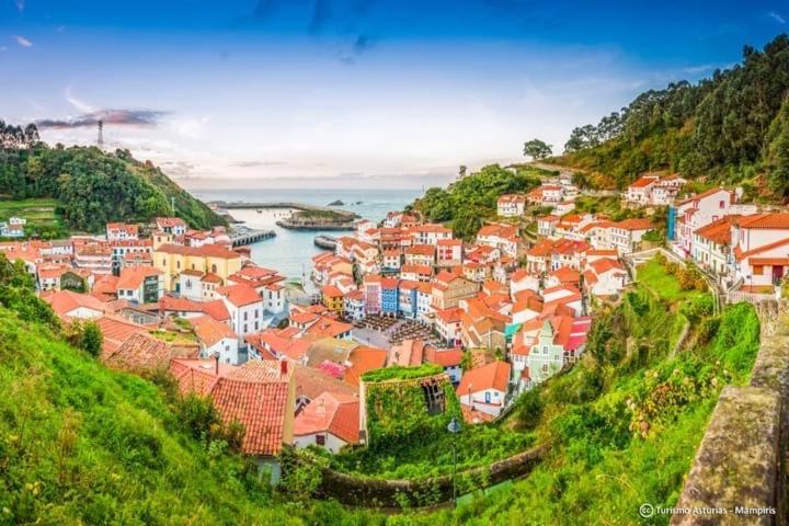a group of houses on a hill next to the water at Apartamento El Capricho in Cudillero