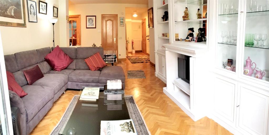 uma sala de estar com um sofá e uma lareira em One bedroom apartement with jacuzzi balcony and wifi at Donostia em San Sebastián