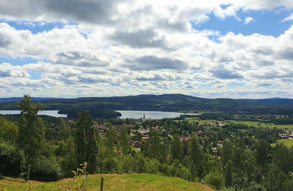 a view of a town and a lake from a hill at Siljansnäs Stugby & Resort in Siljansnäs