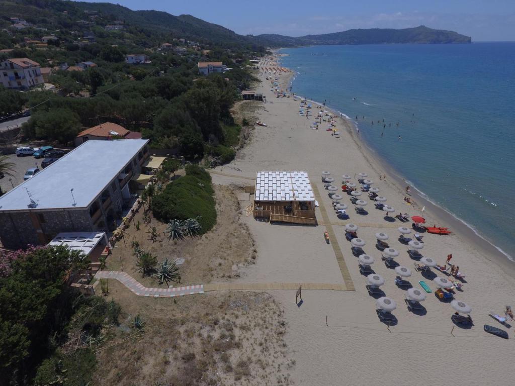 an aerial view of a beach with a bunch of umbrellas at Residence Le Palme - Appartamenti sul mare - Spiaggia tra Palinuro e Caprioli in Pisciotta